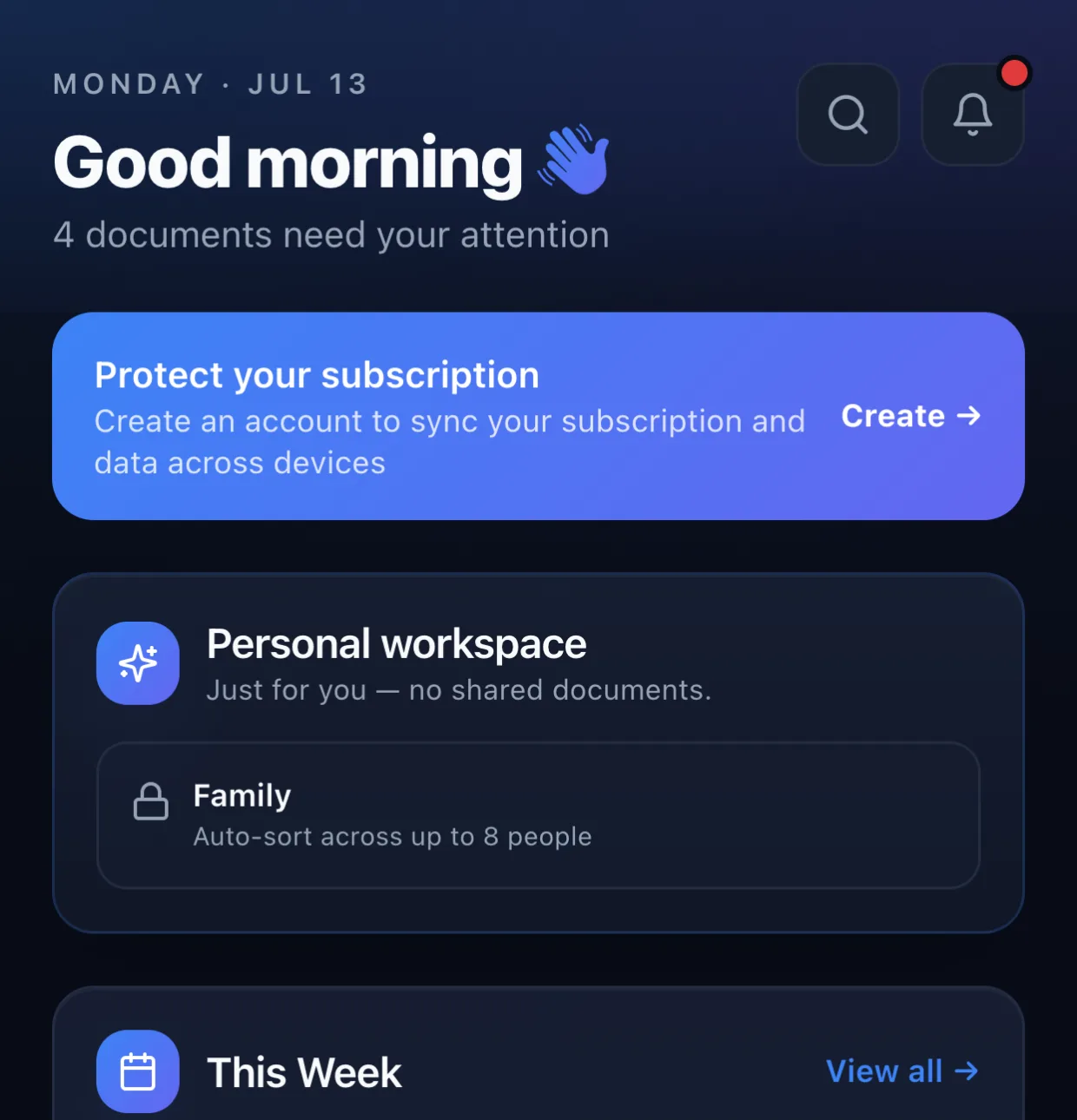 BuroBrain dashboard on iPhone showing four documents that need attention, including an overdue residence permit renewal and an electricity bill deadline.
