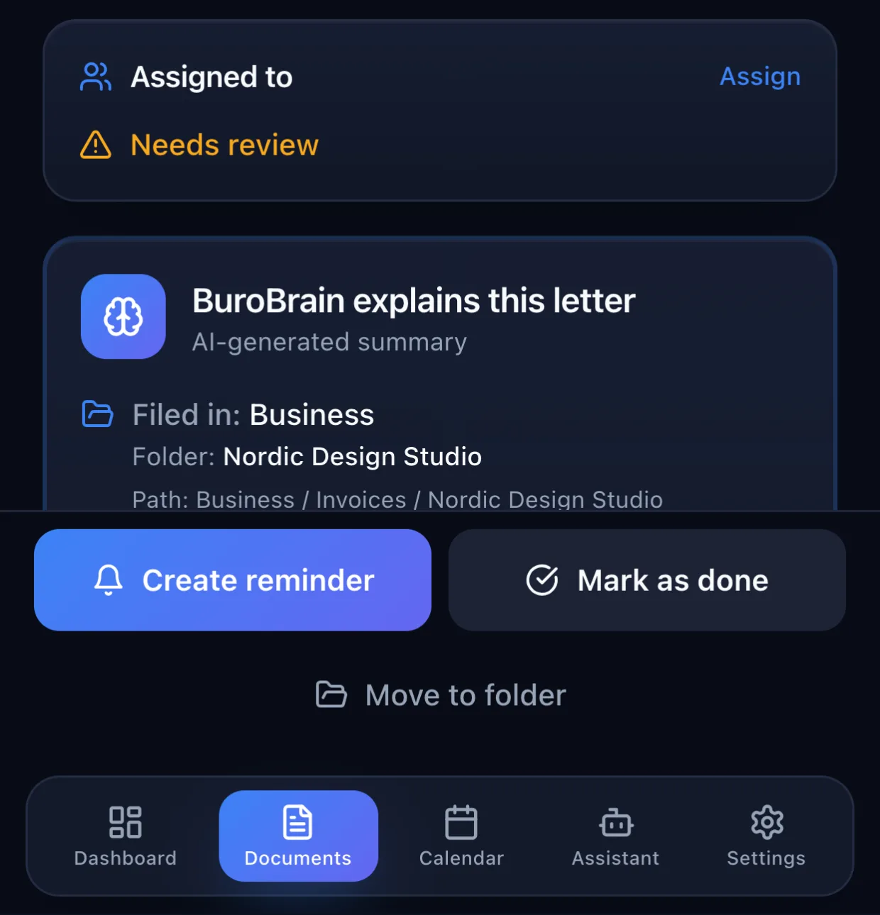 BuroBrain document view on iPhone showing an invoice marked Action required with an AI-generated plain-language explanation and a Create reminder button.