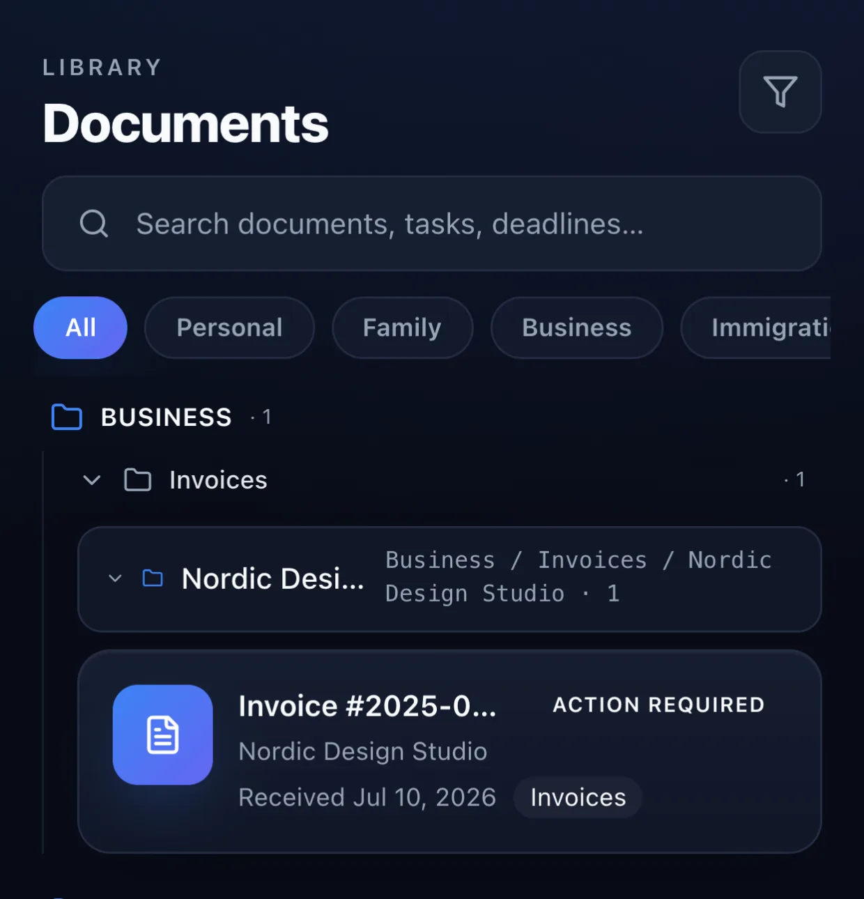 BuroBrain document library on iPhone showing documents automatically sorted into Business, Health and Immigration folders.